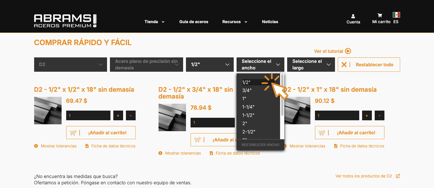 Seleccione y compre el ancho del acero.