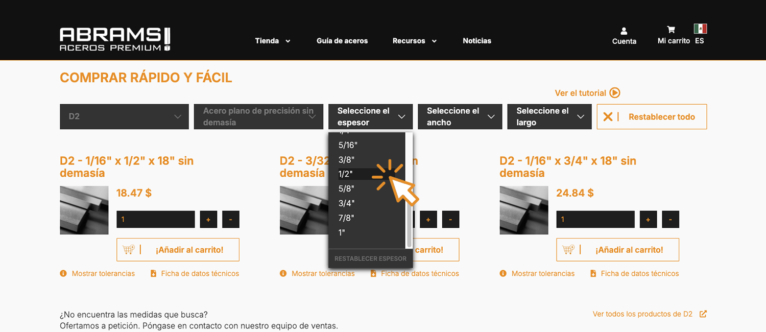 Seleccione y compre el espesor del acero.