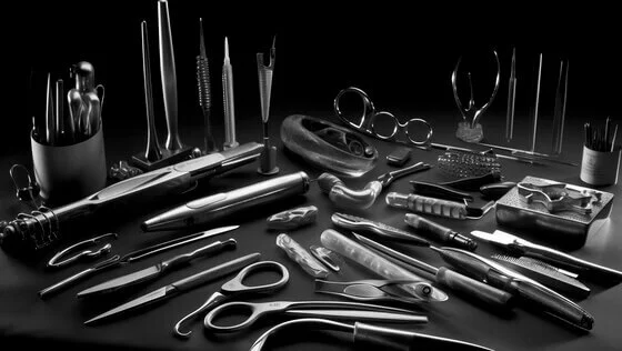 diferentes herramientas de barbero hechas de acero, como navajas, tijeras, pinzas y más